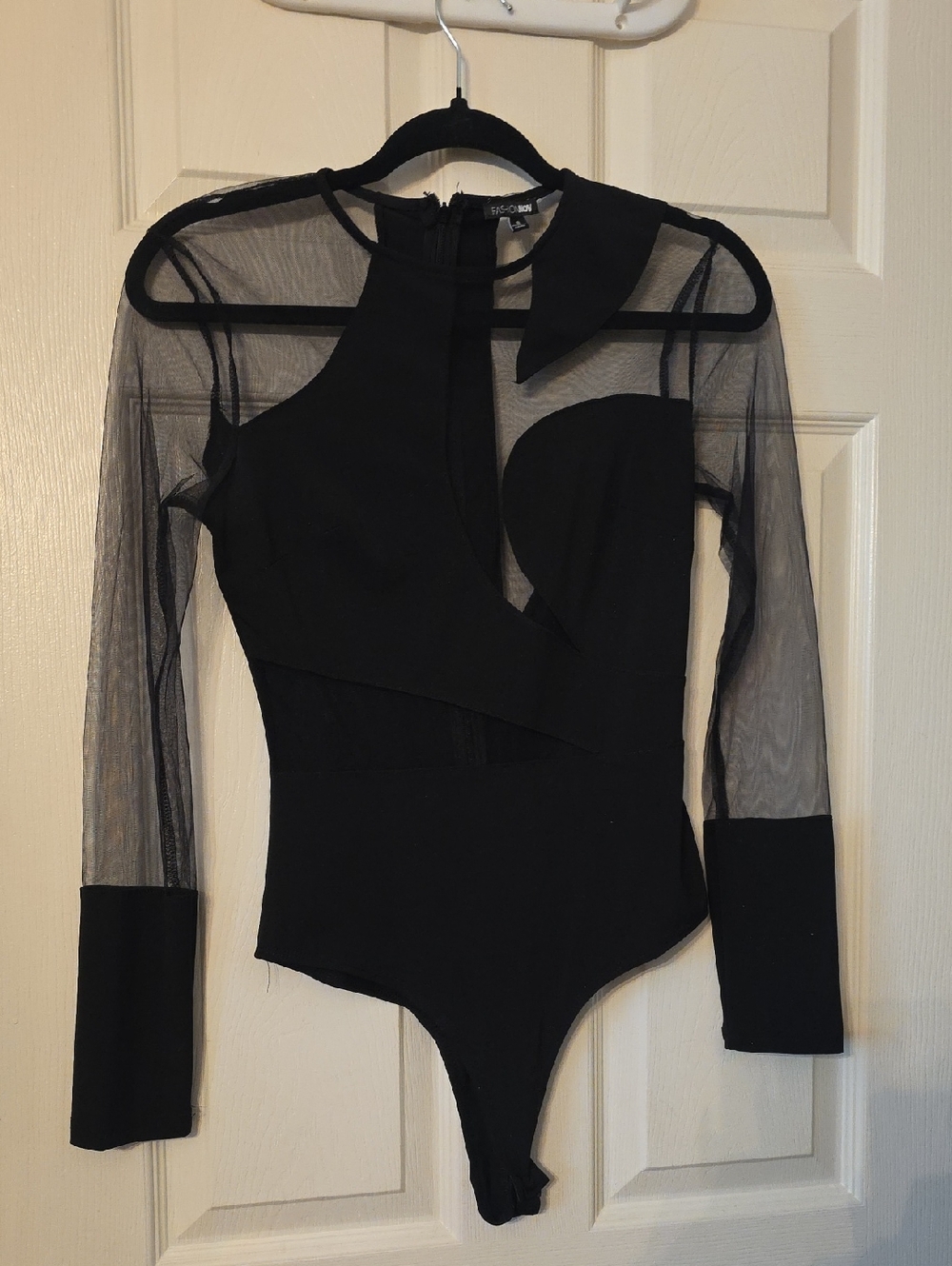 Fashion Nova Black Sheer-Panel Asymmetric Long-Sleeve Bodysuit